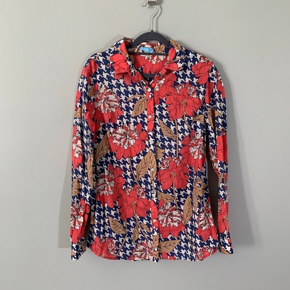 J.‎ McLaughlin Womens Floral Houndstooth Cotton Button Down Shirt Navy Coral M